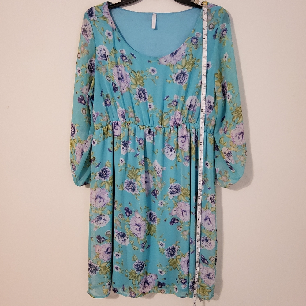 PNK BLUSH TEAL FLORAL CHIFFON 3/4 LENGHT SLEEVE SCOOP NECK SIZE XL - Picture 2 of 7